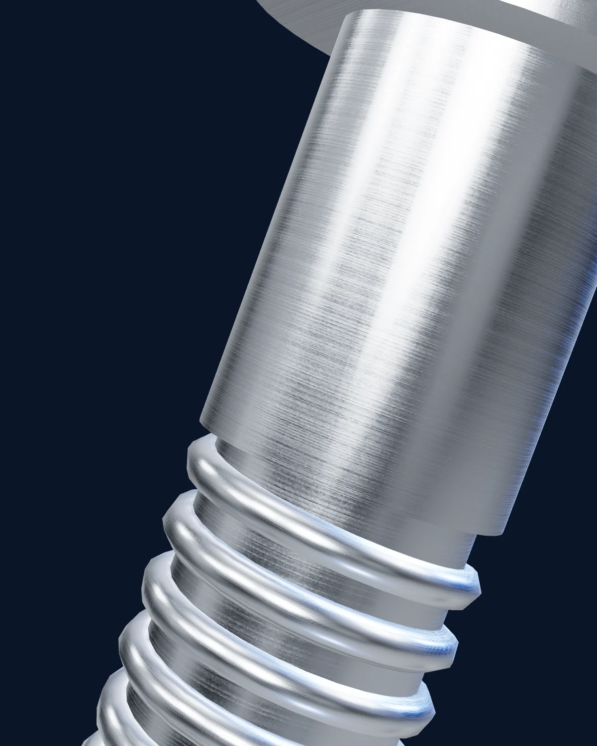 Close-up of a steel hex bolt showing its machined shank and helical thread
