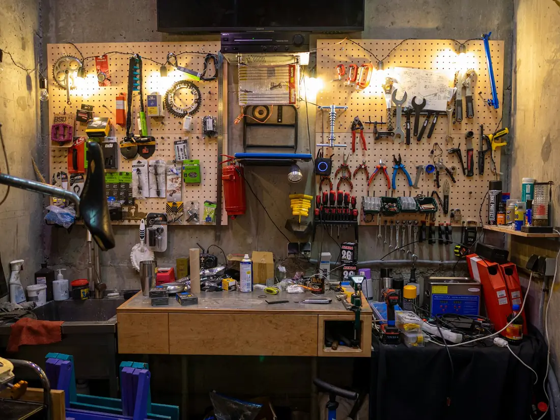 Motorcycle workshop where fasteners are fitted